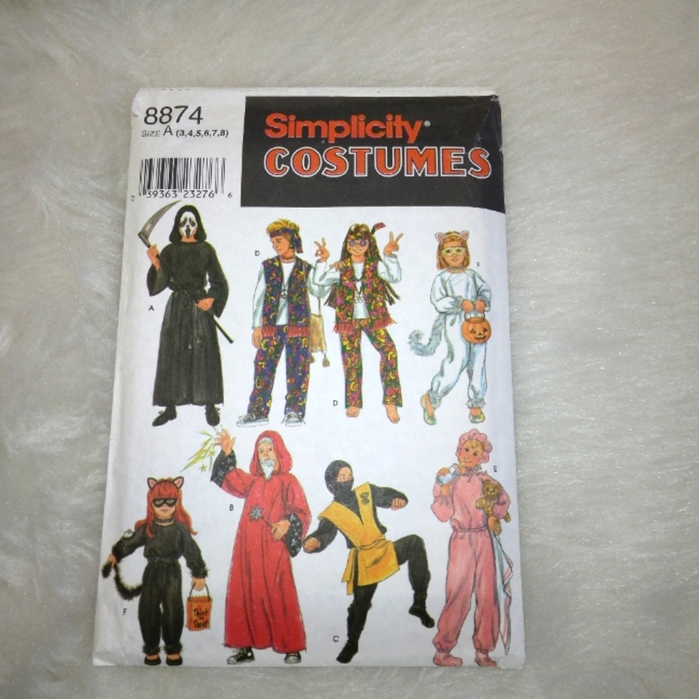 SIMPLICITY 8874 Sz 3-8 Collection of fun costumes: ninja cat reaper wizard hippi